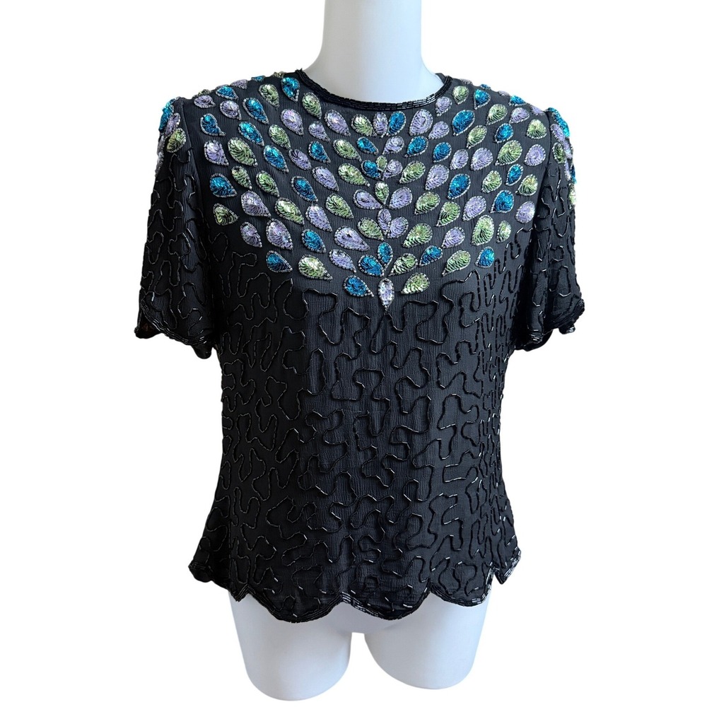 Leslie Fay Petite Beaded Silk Blouse Sequin Peacock Motif Black PM Vintage Glam